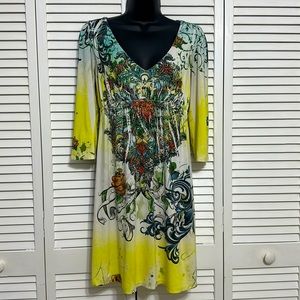 Rhinestone Yellow Floral V-neck 3/4 Sleeve Stretchy Empire Waist Midi Dress Med